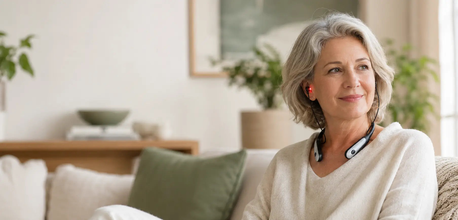Woman wearing VertiRelief during a calm morning at home