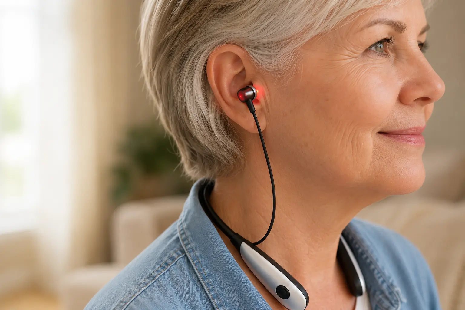 Close view of a Vertiva red-light earbud positioned at the ear canal